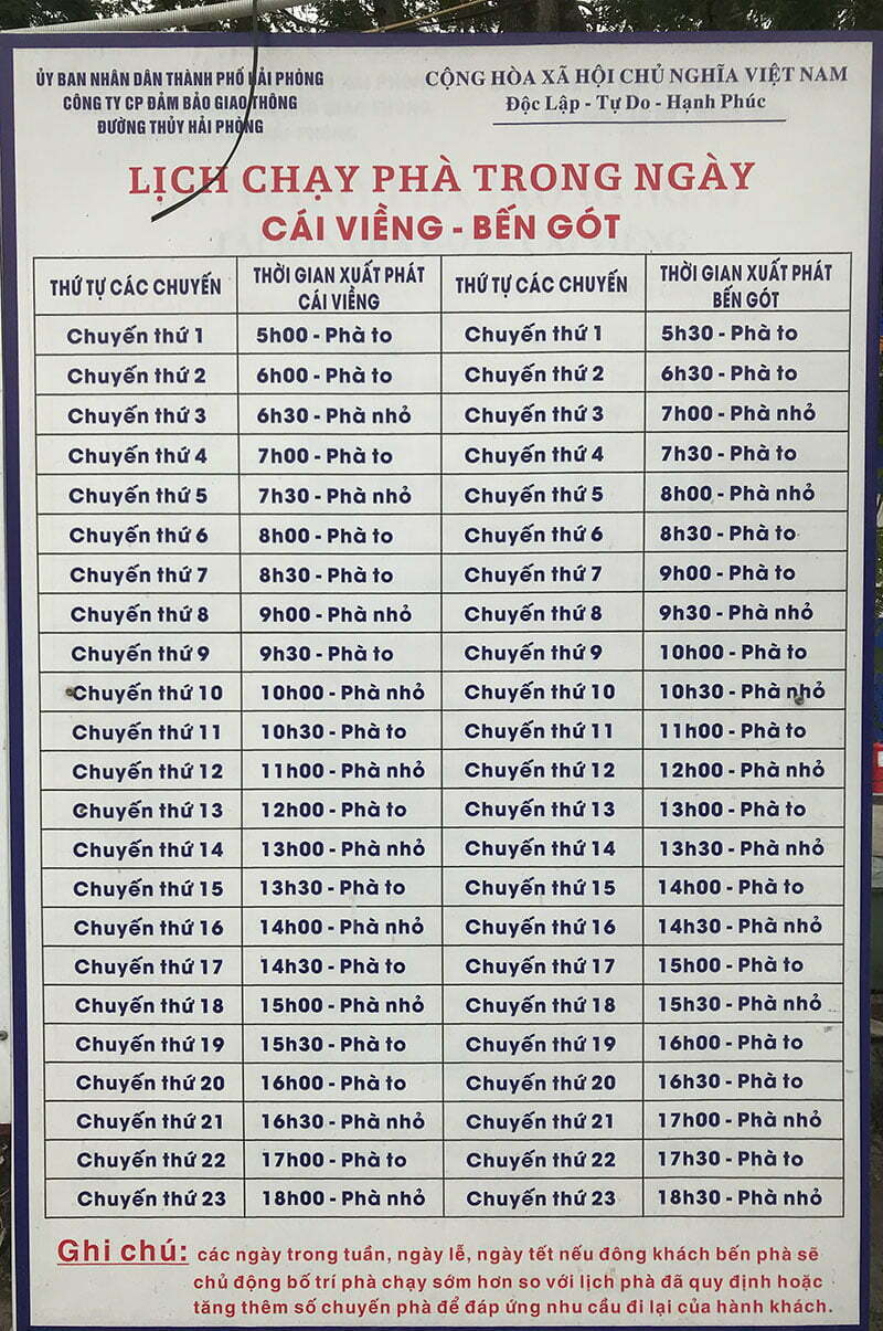 Bảng giờ Phà Gót Cát Bà Bảng giờ Phà Gót Cát Bà